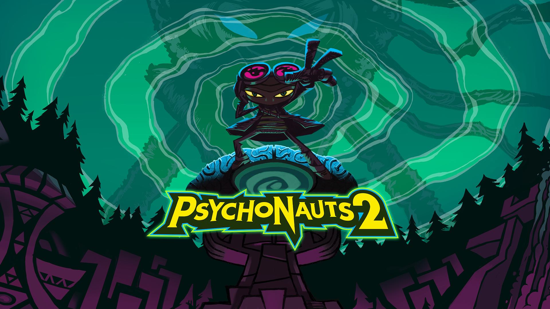 the promotional art for psychonauts 2. it features raz in his classic psychic stance over a dark purple landscape of woods and buildings with a teal spiral making up the sky. the logo for the game sits over the brain he is standing on, and the shadow of maligula looms behind him